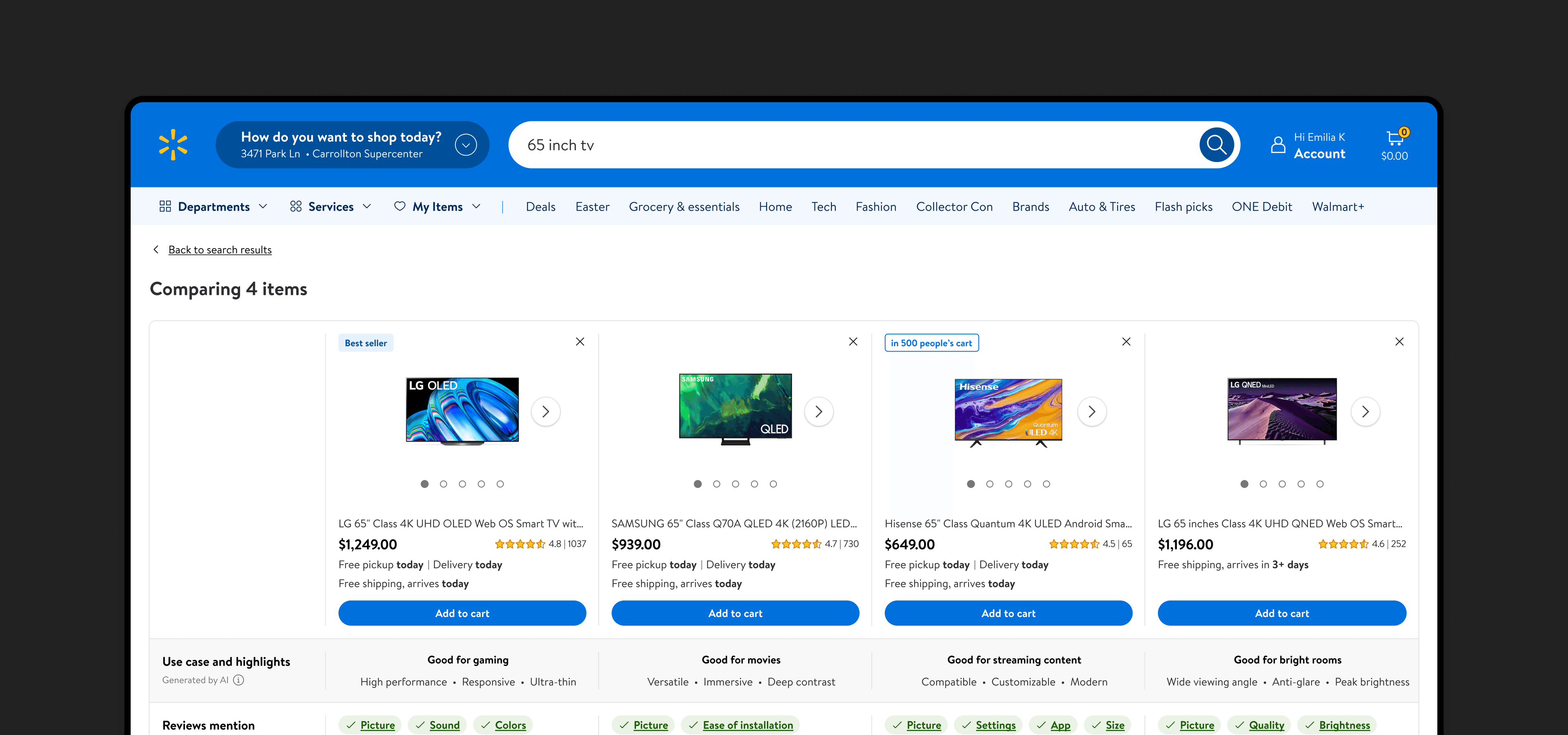 Walmart Generative AI Comparison tool – comparing 4 TVs side by side